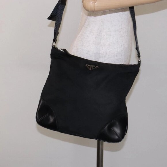 PRADA Shoulder Bag Nylon Leather Black Silver Auth - Picture 1 of 15